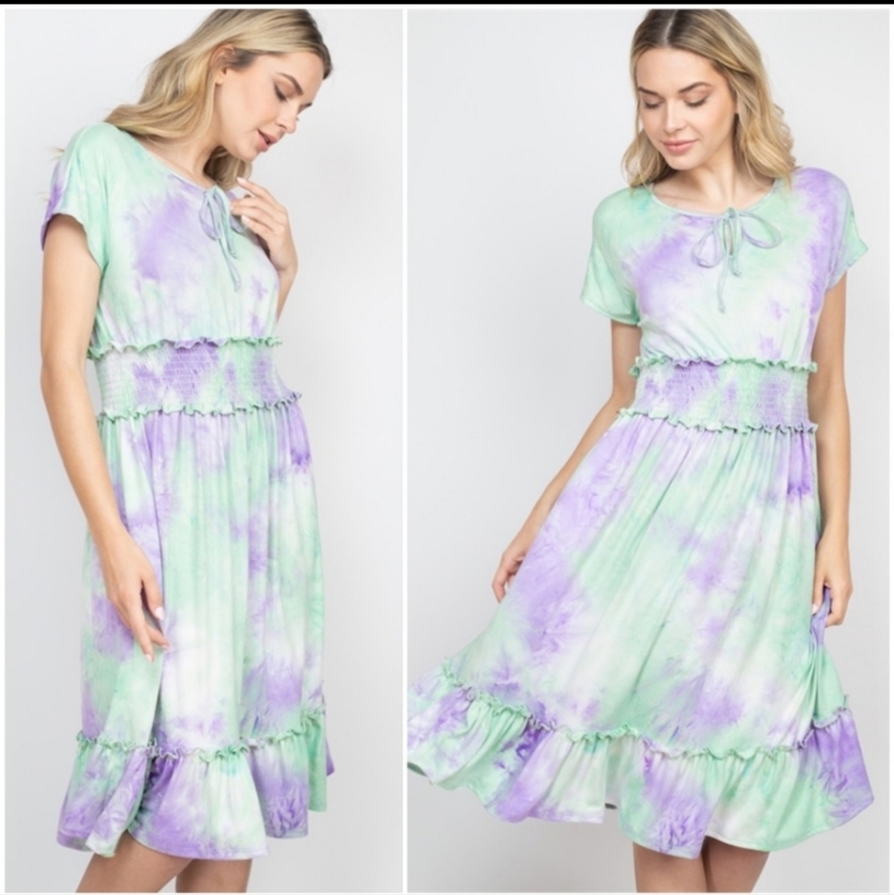 BNWT Tie Dye Ruffle Midi Dress w/Smocked Waist & Tie Detailing